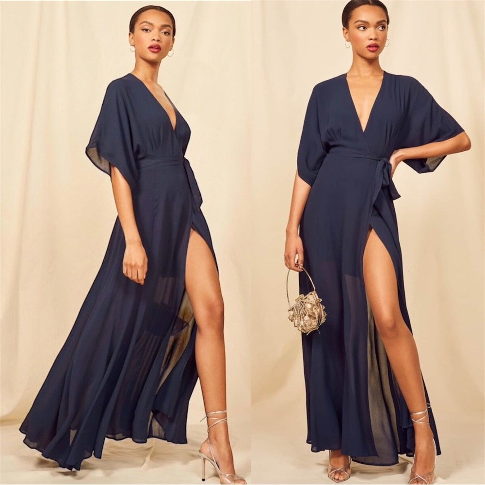 NWT Reformation Winslow Navy Blue Winslow Maxi Kimono Wrap Dress